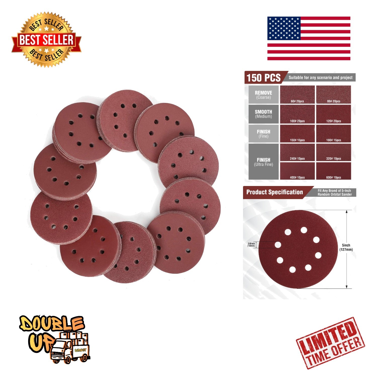 150-Piece Sanding Discs Set – 5-Inch with 10 Grit Levels for Precision Finishing