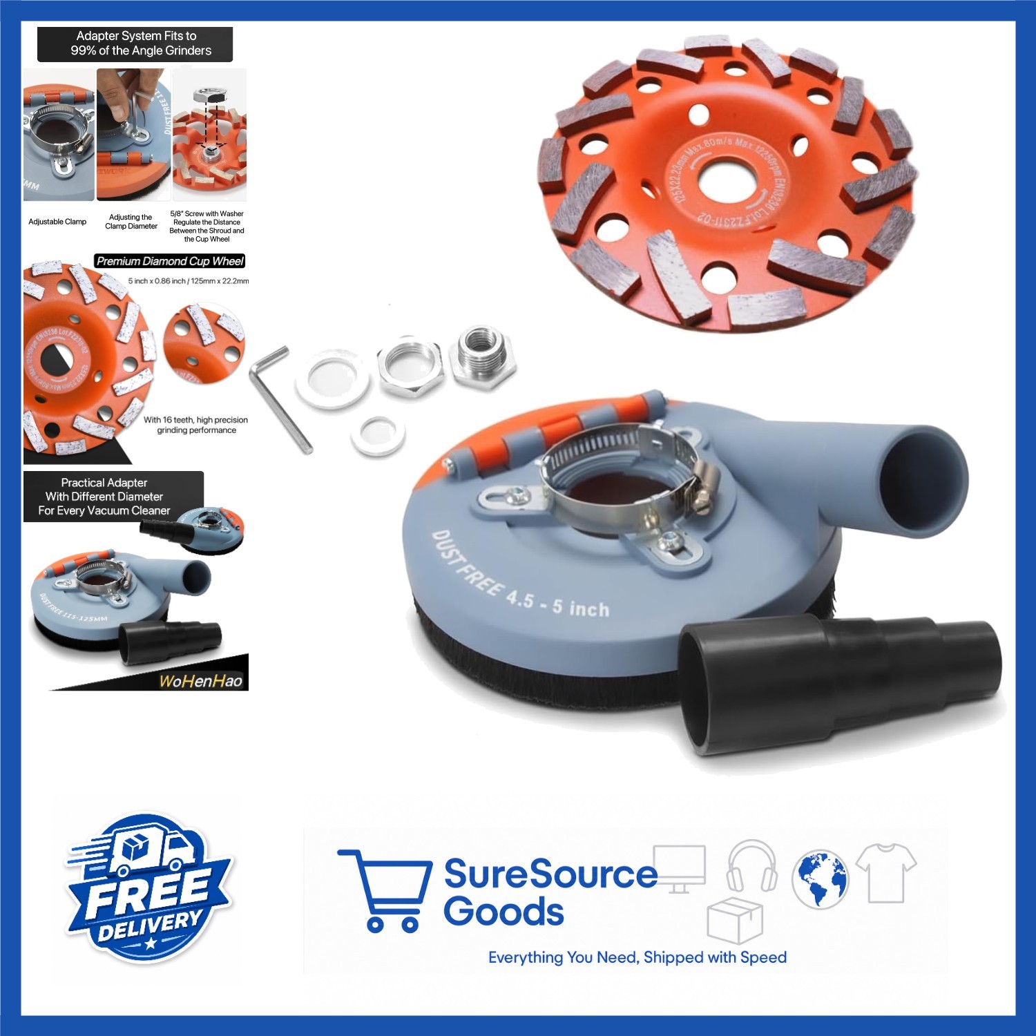 Angle Grinder Dust Shroud 4.5-5 inch with Diamond Grinding Cup Wheel Orange