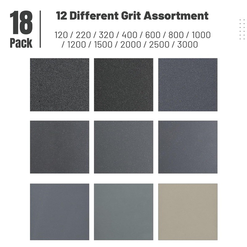18 Pack Sandpaper 120 to 3000 Grit Assorted Wood Metal Automotive Finishing New