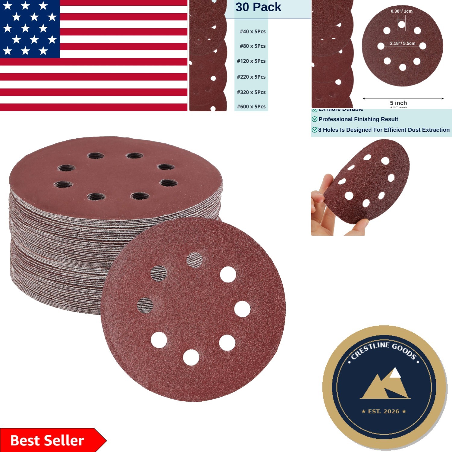 30 Pack 5 Inch Aluminum Oxide Sanding Discs – Perfect for Wood & Metal