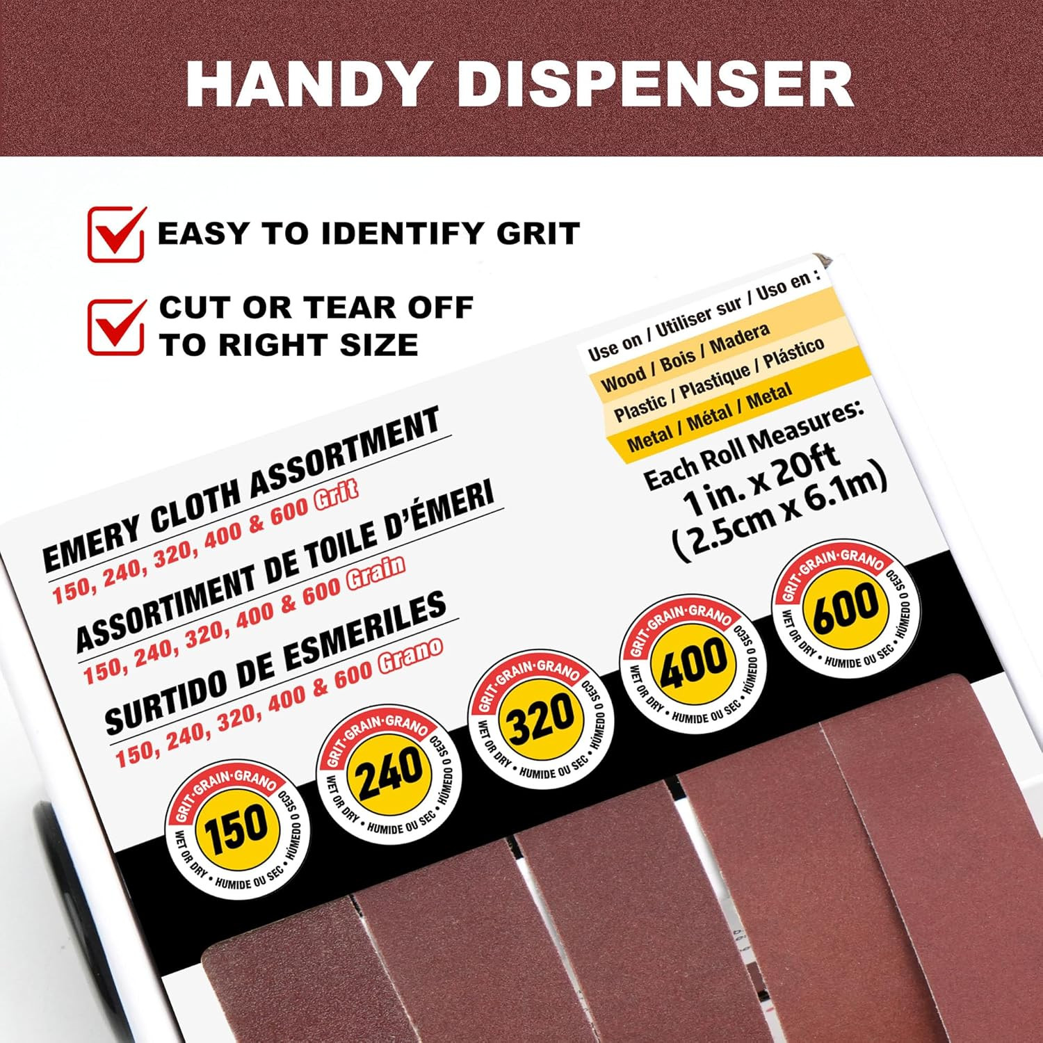 Emery Cloth Roll, 5 Grits Sandpaper Assortment, 150 240 320 400 600 Grit Assorte