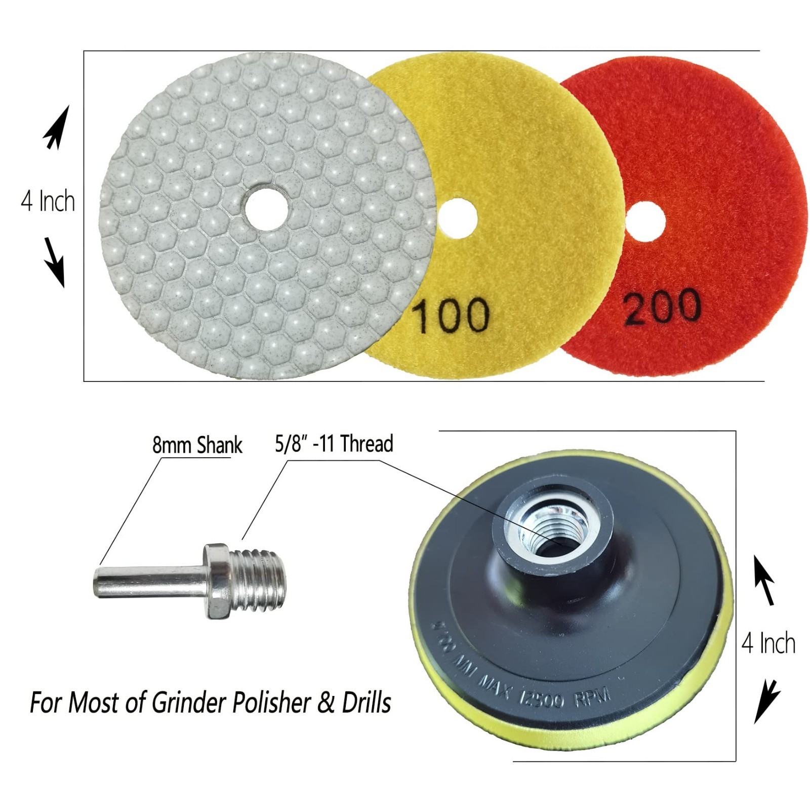 16 Pack 4″ Dry/Wet Diamond Polishing Pads Set for Granite, Marble, Quartz, Stone