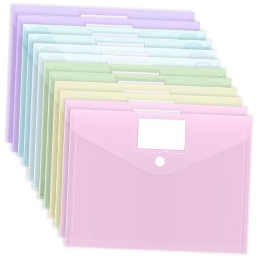 Plastic Envelopes, Plastic Folders for Documents, Hook & Loop Pastel 12pcs