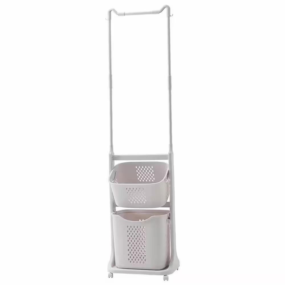 White Plastic 2 Bag Laundry Sorter with Hanging Bar Laundry Baskets on Wheels Re