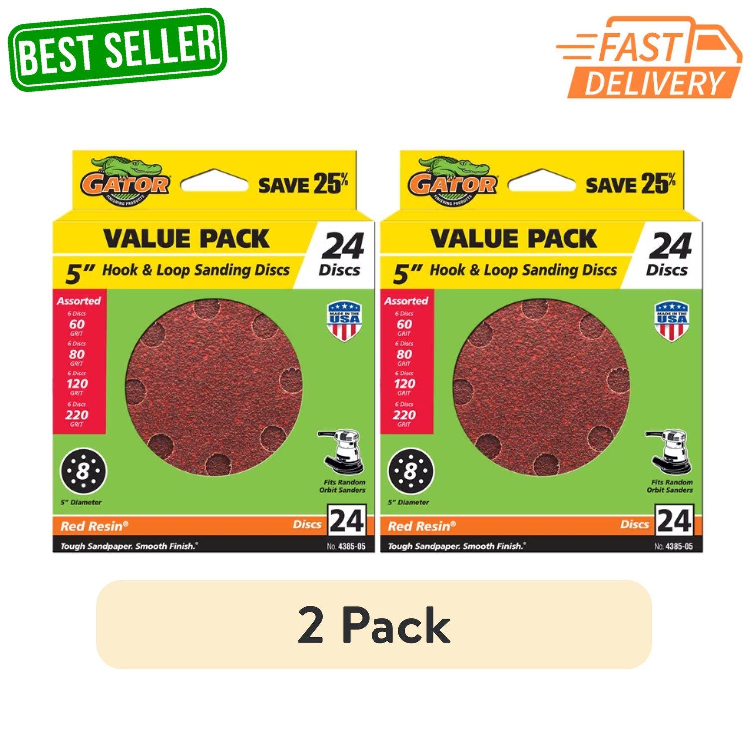 2 Pack Gator 438505 5 in Assorted Grit Hook & Loop Sanding Discs 24 Pieces