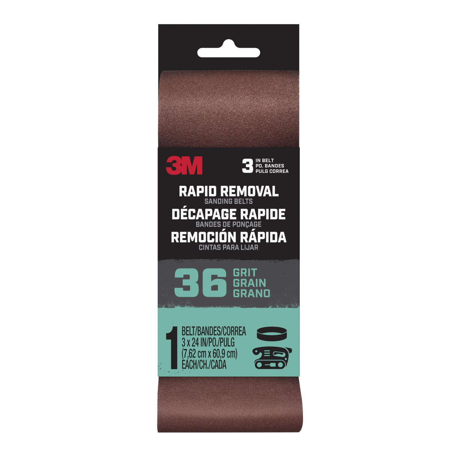 3M Rapid Removal 3 x 24 inch Power Sanding Belt, 36 grit,Belt3x241pk36, 1 pk