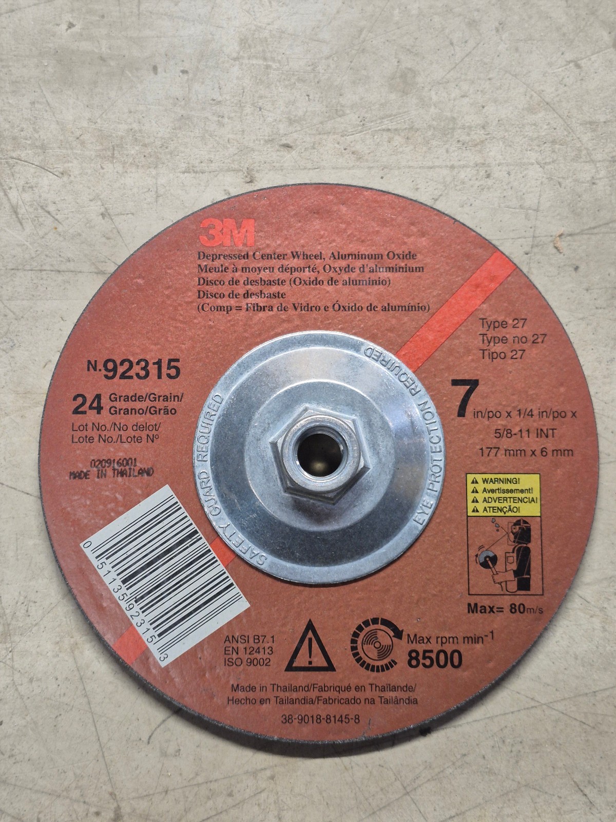7 in x 1/4 in 24 Grit Aluminum Oxide 5/8-11 HUB GP Wheel 3M 92315 (LOT OF 5)