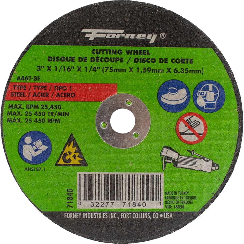 Cut-Off Wheel, Metal, Type 1, 3″ x 1/16″ x 1/4″ – 37 Each FOR-71840