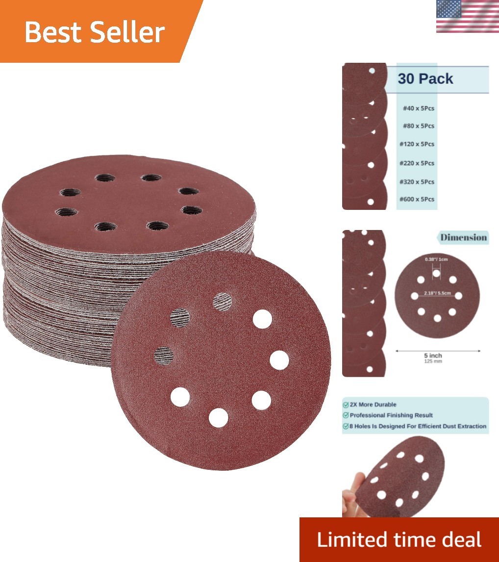 Bates Sanding Discs 30-Pack – 5-Inch Aluminum Oxide for Diverse Surfaces