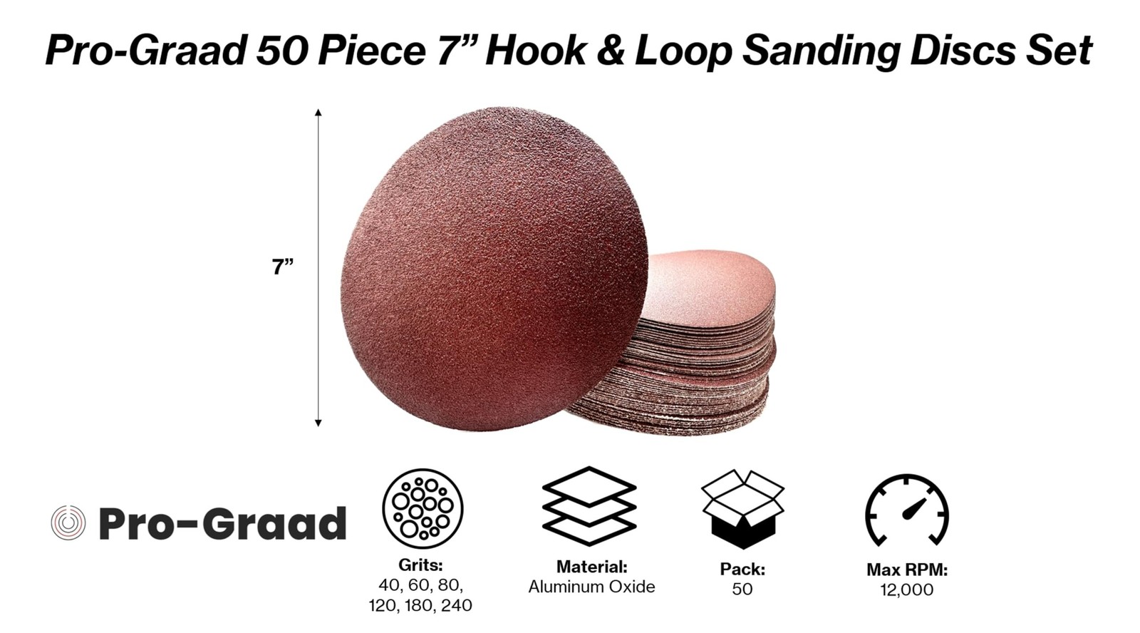 Pro-Graad 50PCS 7″ Sanding Discs – 60/80/120/180/240 Grits, Hook & Loop,…