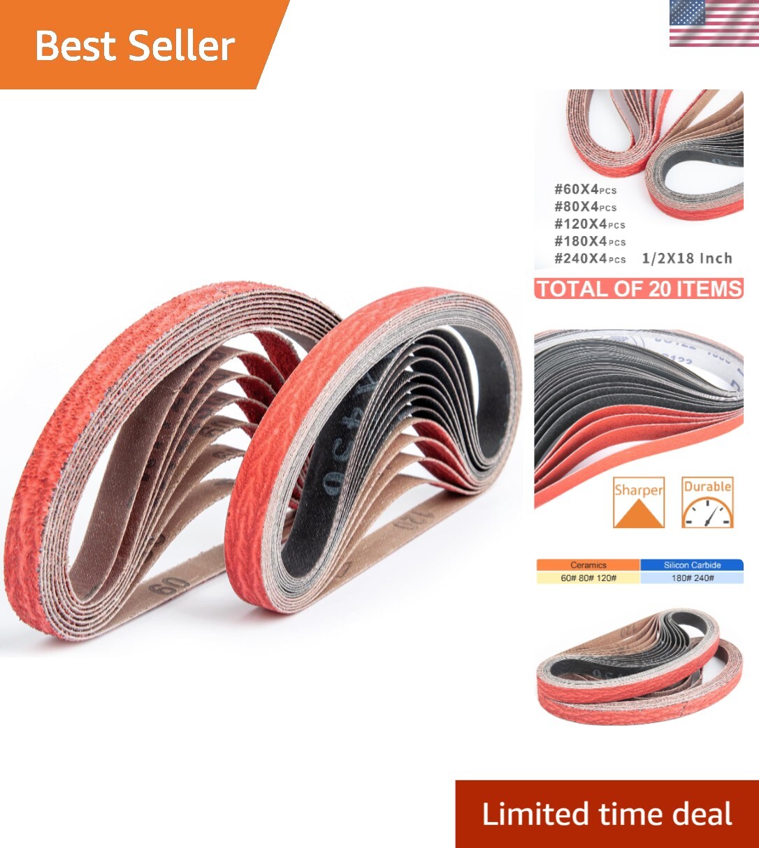 20 Assorted Grit Silicon Carbide Sanding Belts 1/2 x 18 inches for Professionals