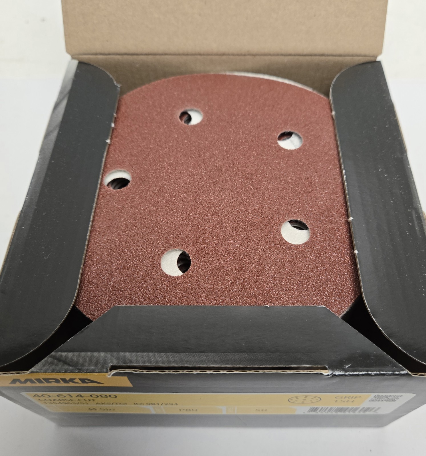 MIRKA SANDING DISCS 40-614-080. 5″ COURSE CUT, 5 HOLE, P80 GRIT. BOX OF 50.