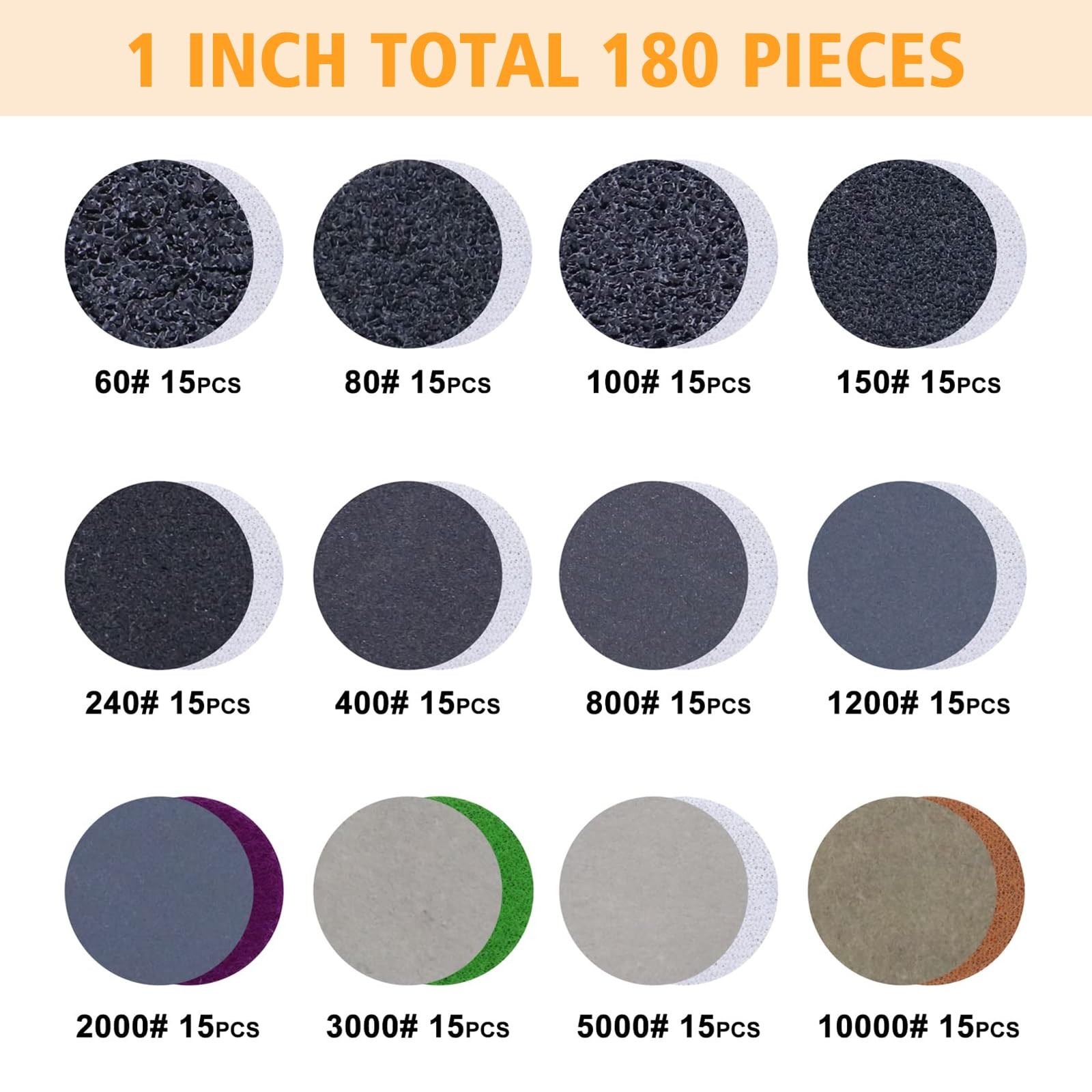 POLIWELL 191 PCS 1 Inch Sanding Discs 1 inch, Yellow,Orange,Blue,Green,Red