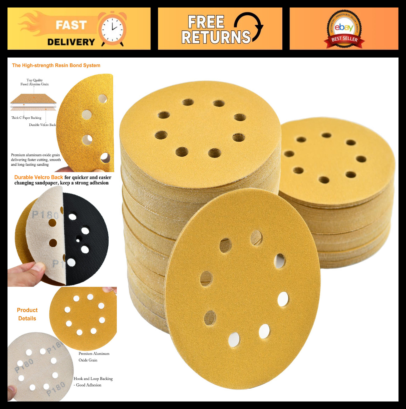 200-Pack 5-Inch 8-Hole Sanding Discs 180 Grit Hook and Loop for Orbital Sander