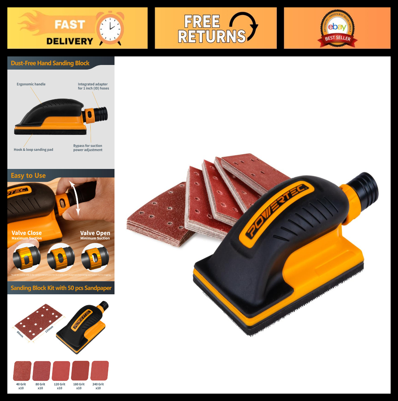 Vacuum Sanding Block Set with Dust Extraction, Hook & Loop Sandpaper – 40 to 240