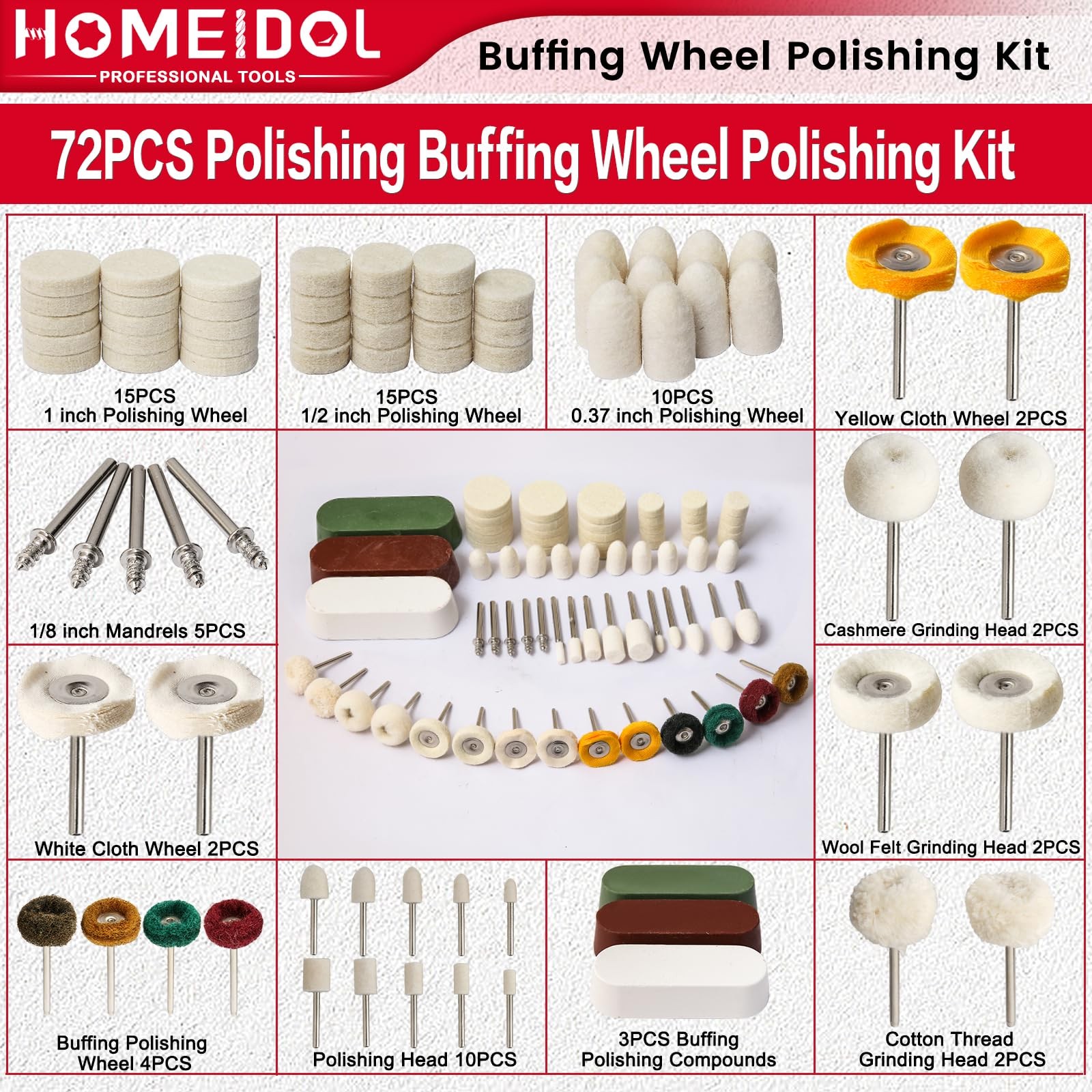 72Pcs Polishing Kit for Dremel Buffing Wheels with Polishing Compound