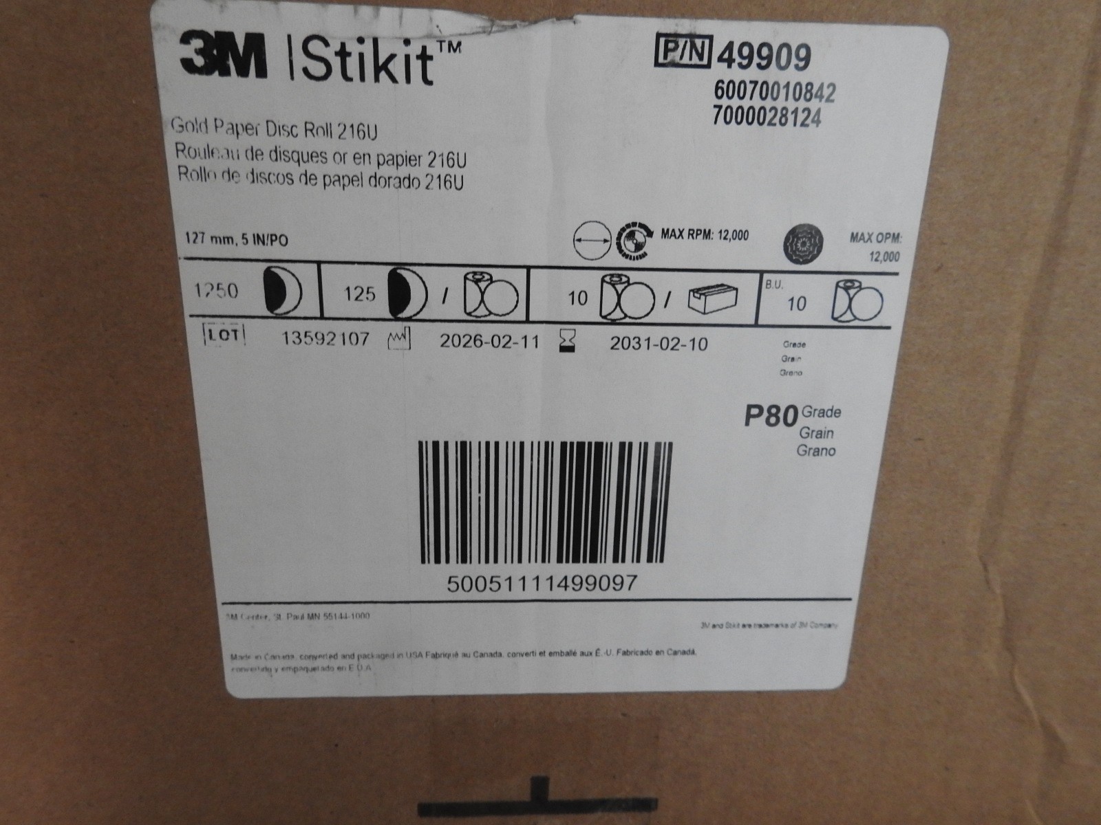 Lot of 10 Rolls–3M Stikit Gold Paper Disc 49909 216U P80 5″ x NH 125 discs/roll