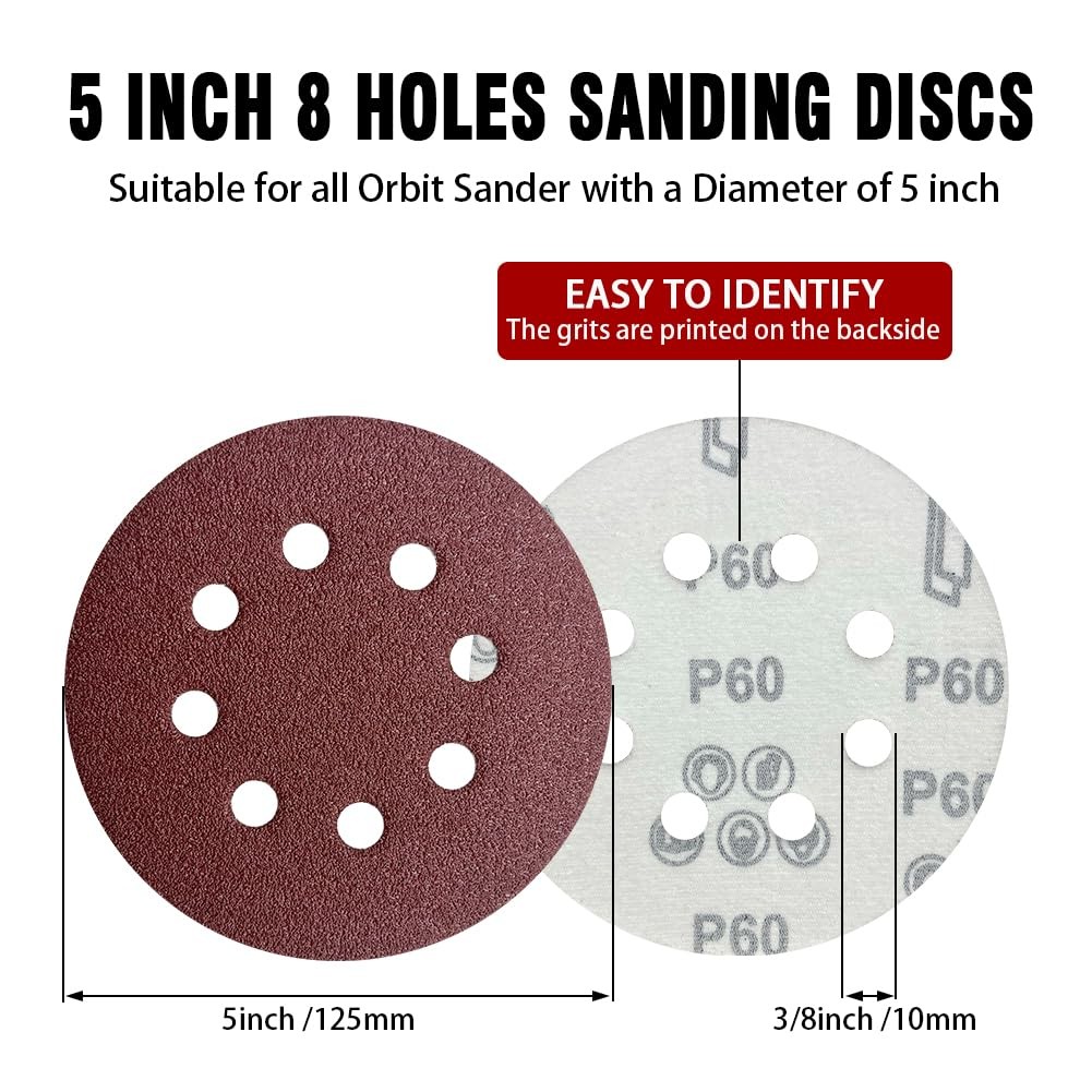 44 Pack 5 Inch 8-Hole Hook and Loop Sanding Discs Sandpaper Red 5 inches