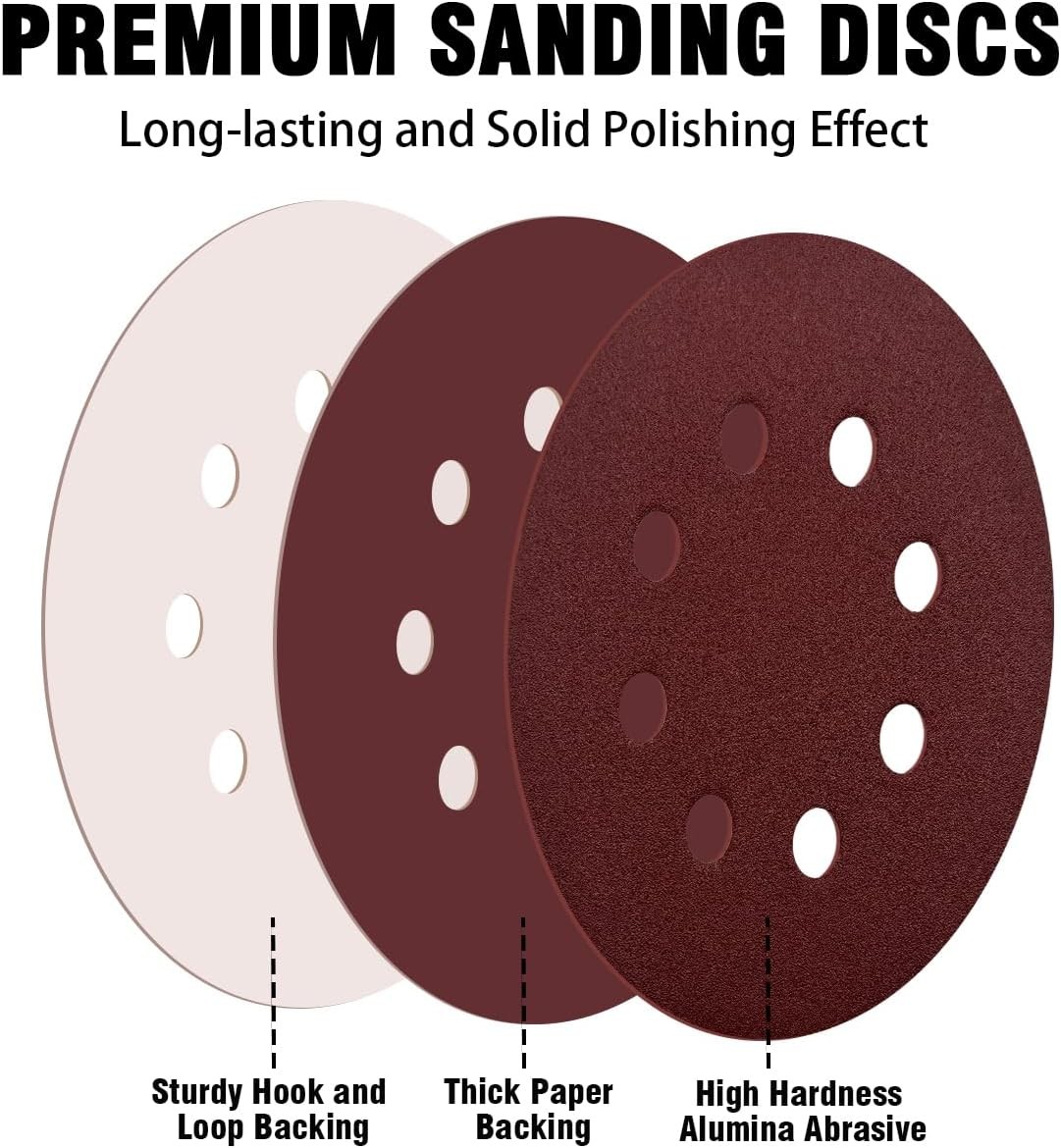 52 Pack 5 Inch 8-Hole Hook and Loop Sanding Discs Sandpaper Red Round 80 Grit Sa