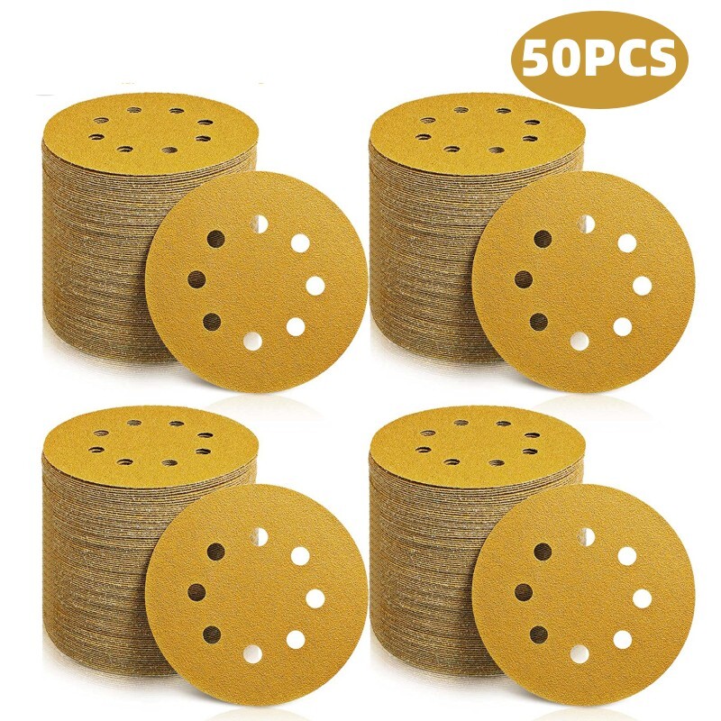 50PCS 5 in 8-Hole Hook Loop Sanding Discs 60-800 Grit Gold Sandpaper Sand Pads