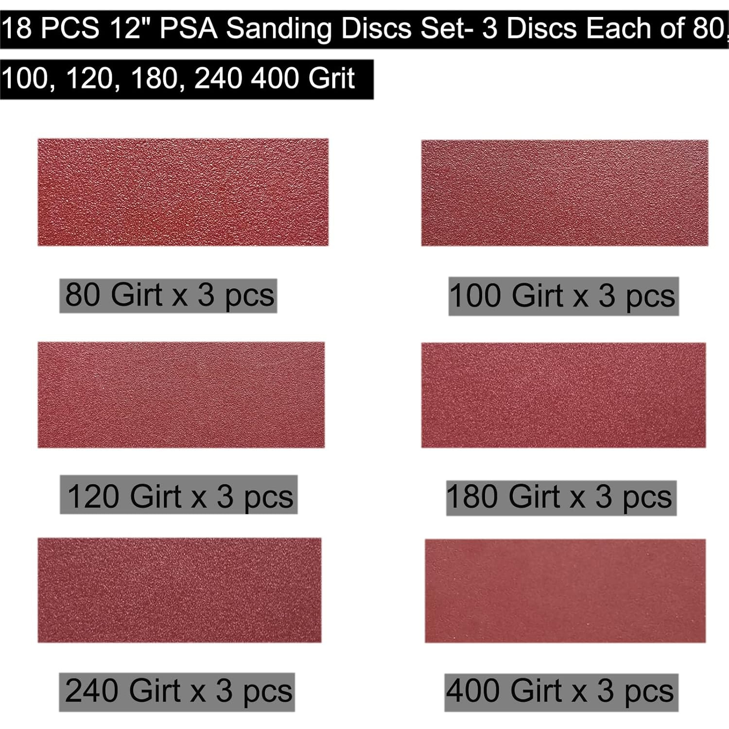 Sackorange 18 PCS 12″ PSA Sanding Discs – 3 Each of 80, 100, 120, 180, 240, 400