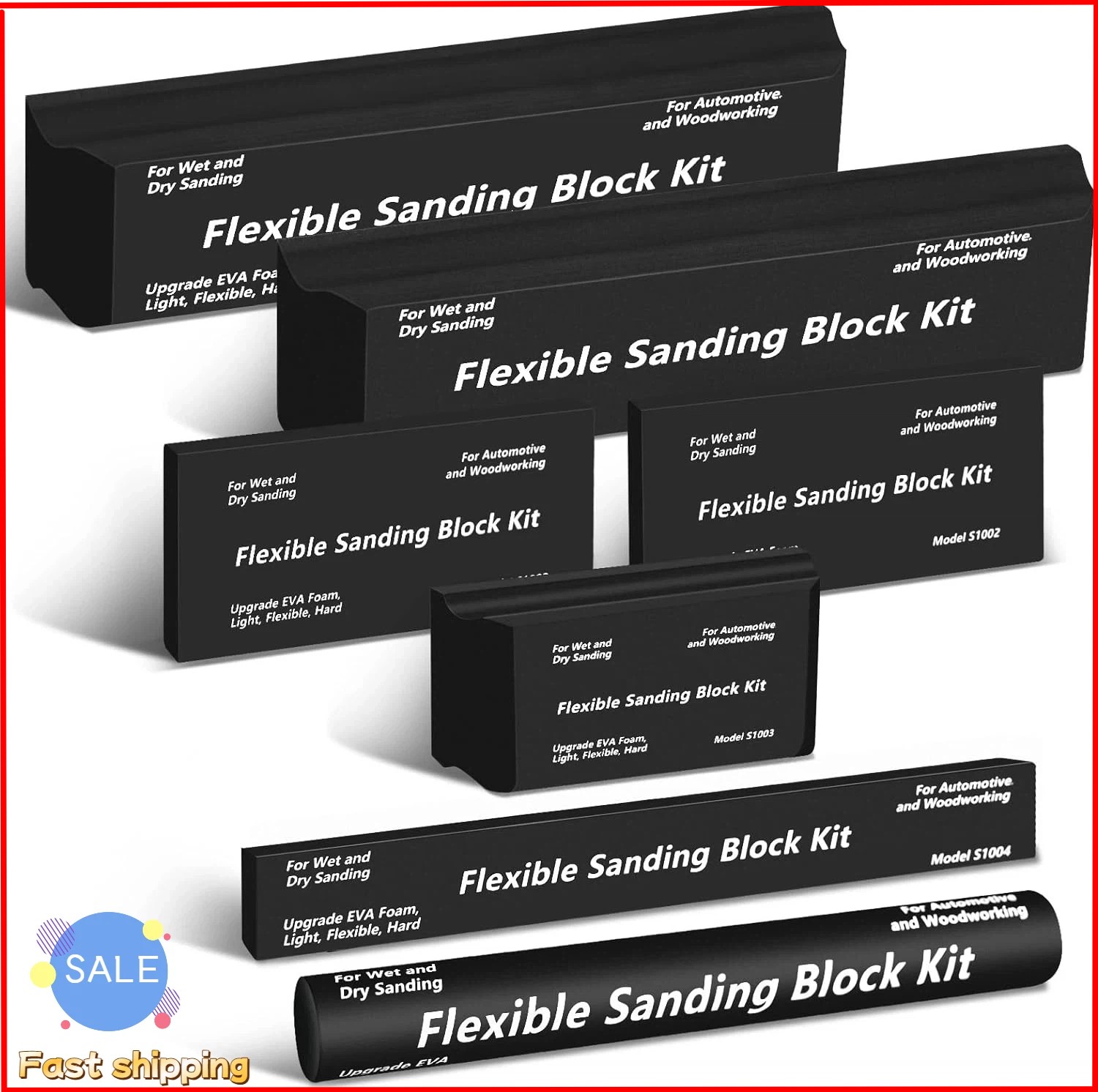 7Pc Sanding Block Kit Flexible EVA Foam Wet or Dry for Automotive or Woodwork