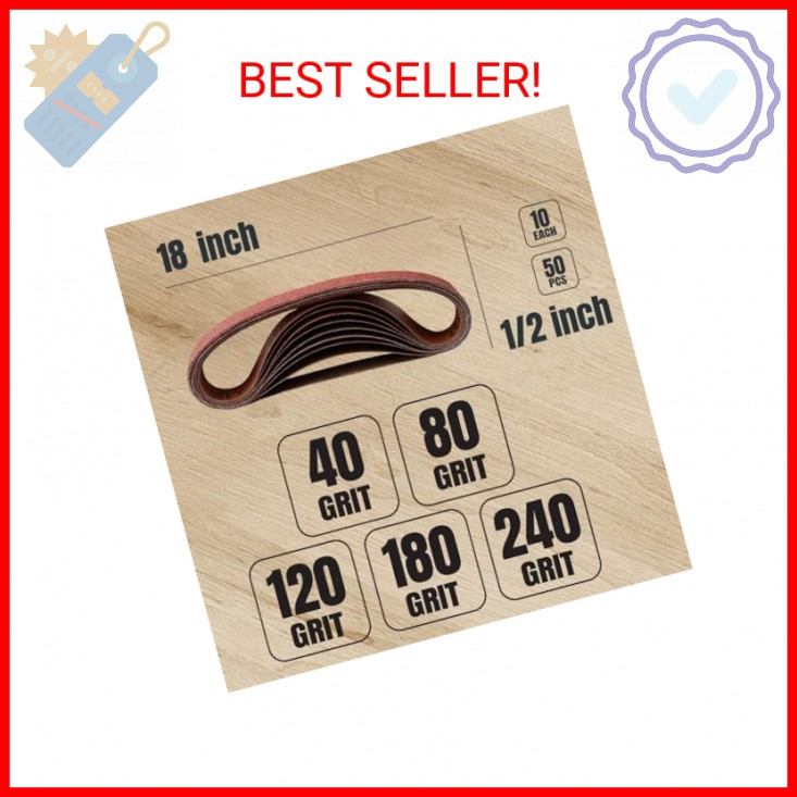 POWERTEC 1/2 x 18 Inch Sanding Belts, 50PK, 10 each of 40/80/120/180/240 Grits,