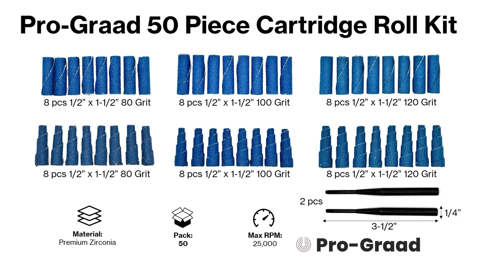 Pro-Graad 50 Piece Zirconia Abrasive Sanding Cartridge Spiral Roll Sander Kit,