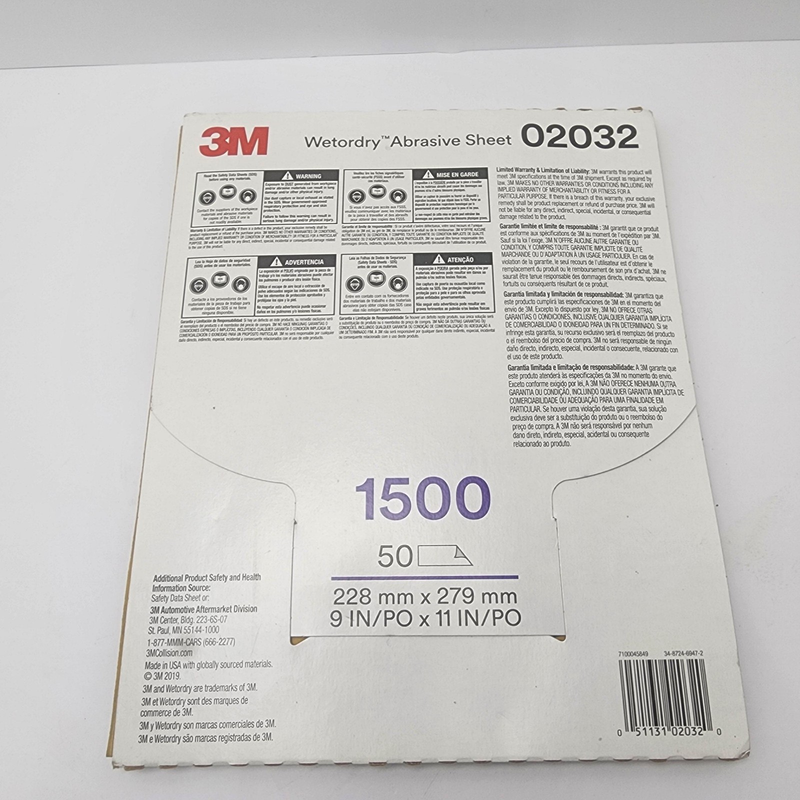 3M 02032 Wetordry Abrasive Sheet 1500 Grit 9 in x 11 in 2032 (50 sheets) #E