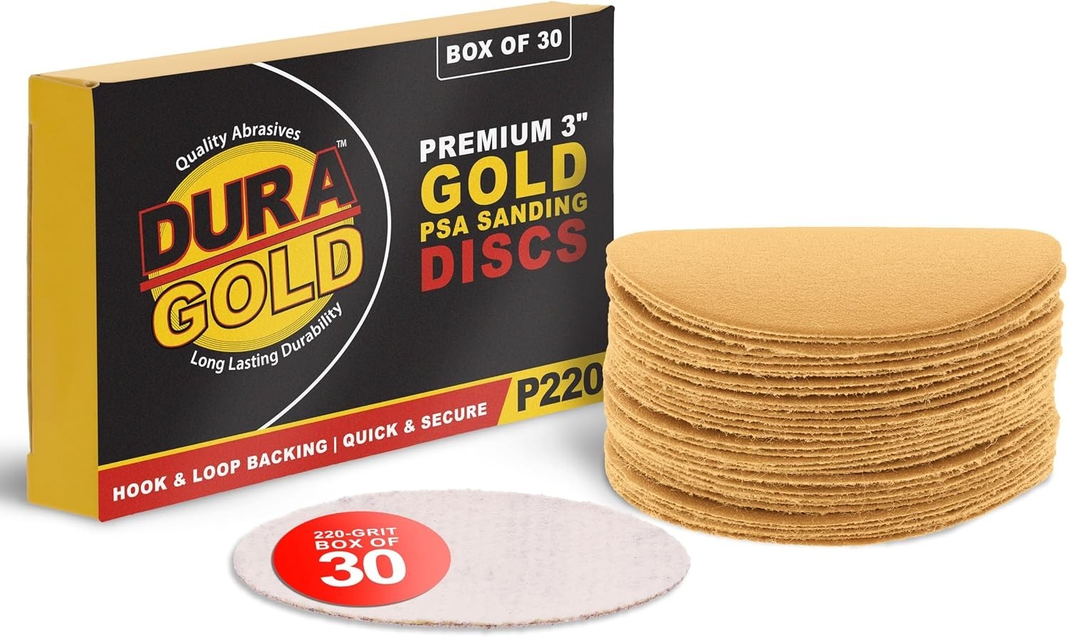 – 220 Grit 3″ Gold Hook & Loop Sanding Discs for DA Sanders – Box of 30 Sandp…