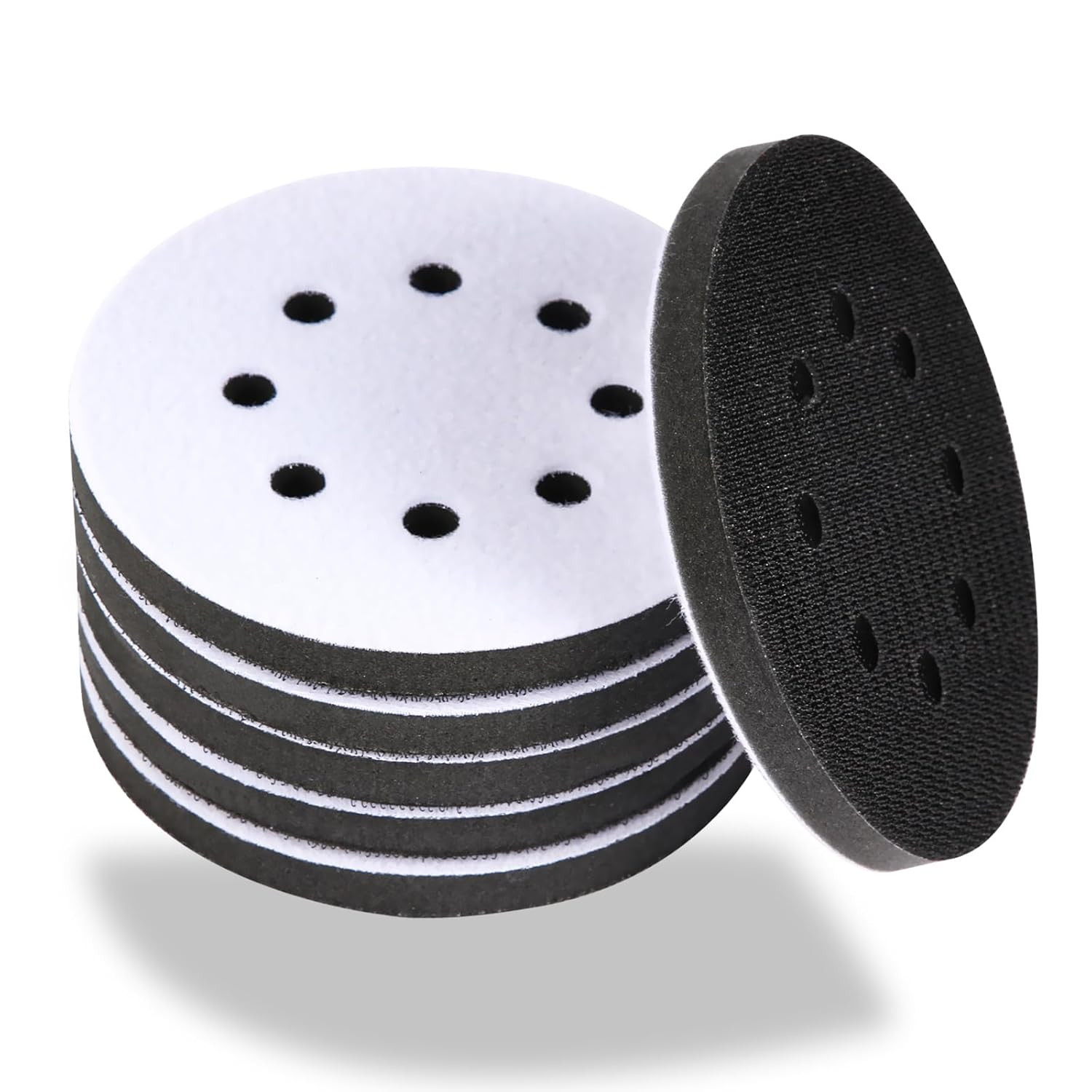 6 Pack 5 Inch 8 Hole Foam Sanding Pads, Soft Density Interface Pad, Hook and Loo