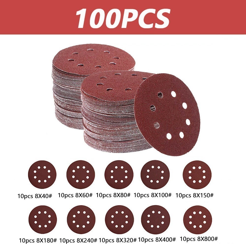 100Pack 5in 8 Hole Sanding Discs Orbital Sandpaper Hook and Loop Assortment Grit