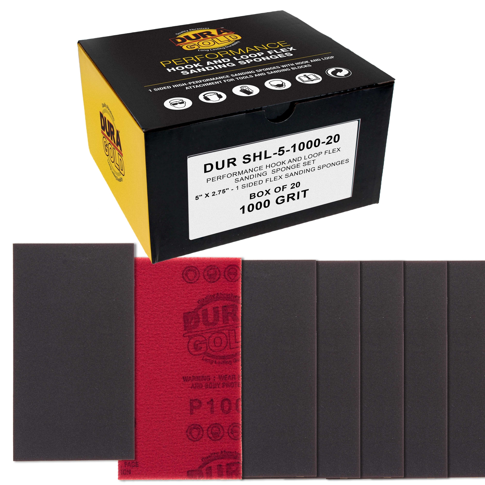 Dura Gold 1000 Grit 5″ x 2-3/4″ Sanding Sponges, Box of 10 – Hook & Loop Wet/Dry