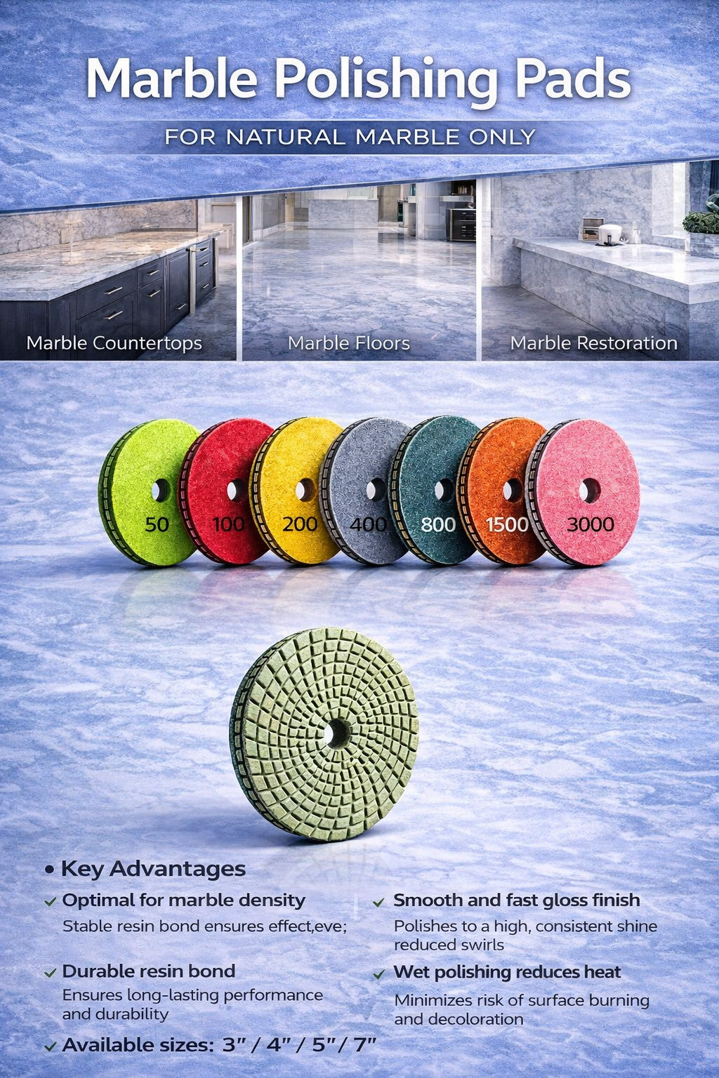 Stonebrother 4” Dry Diamond Polishing Pads 7PCS Set for Quartz Granite Marble