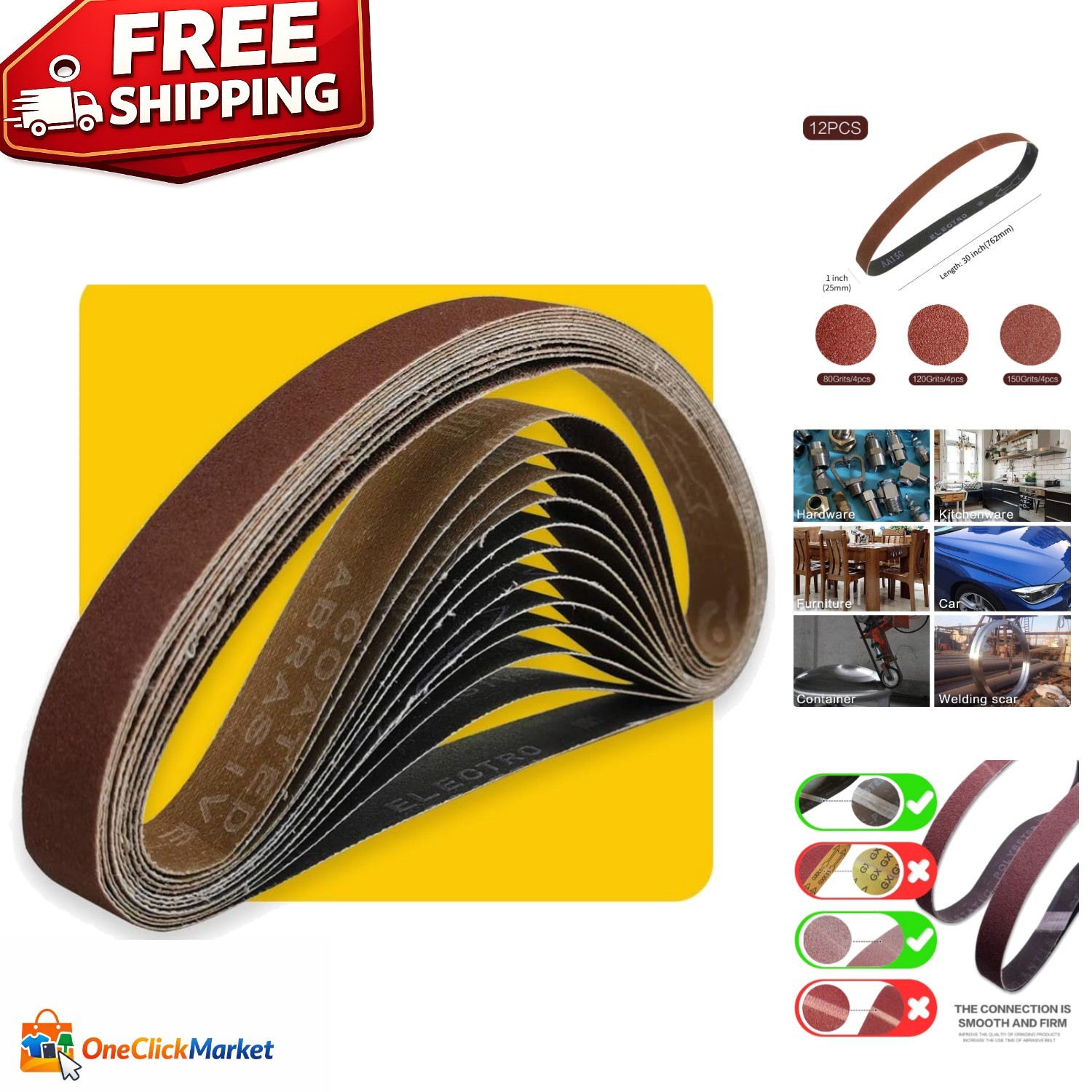 12-Piece Sanding Belt Set 1×30 Inch – Durable Aluminum Oxide for Wood & Metal