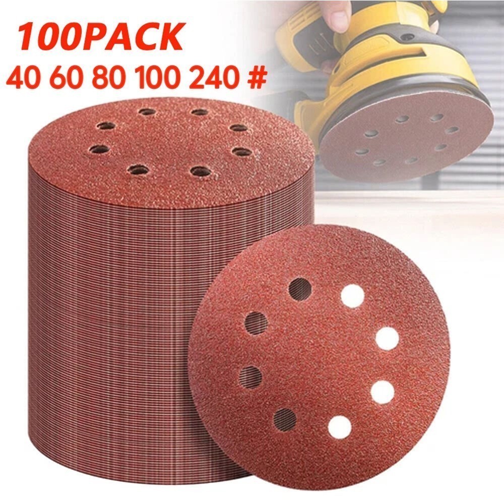 100Pack 5in 8 Hole Sanding Discs Orbital Sandpaper Hook and Loop Assortment Grit