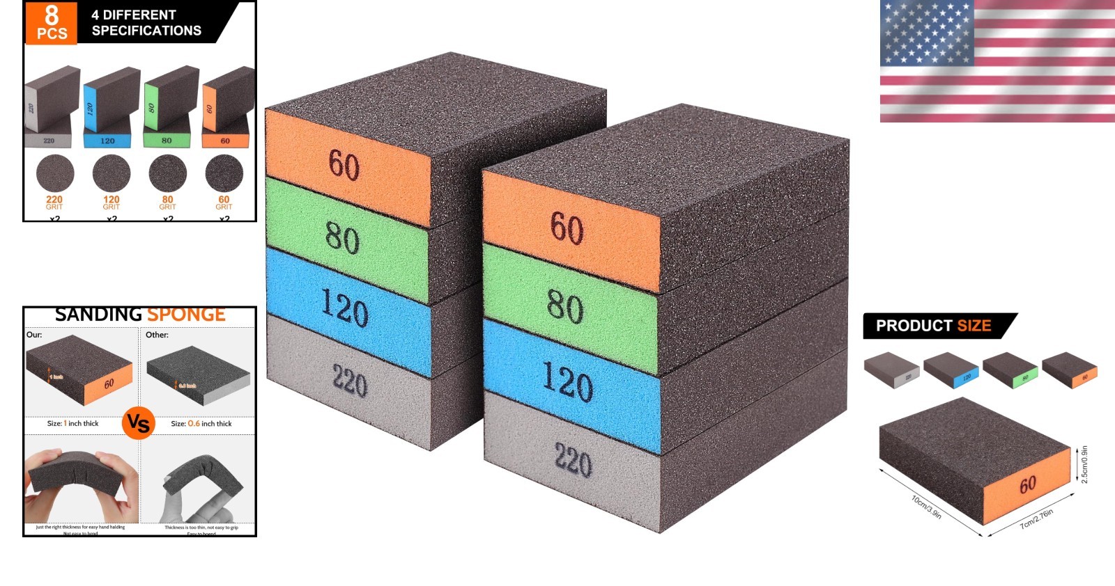 Reusable Sandpaper Sponges 8 Count with 60 80 120 220 Grit for Various Projects