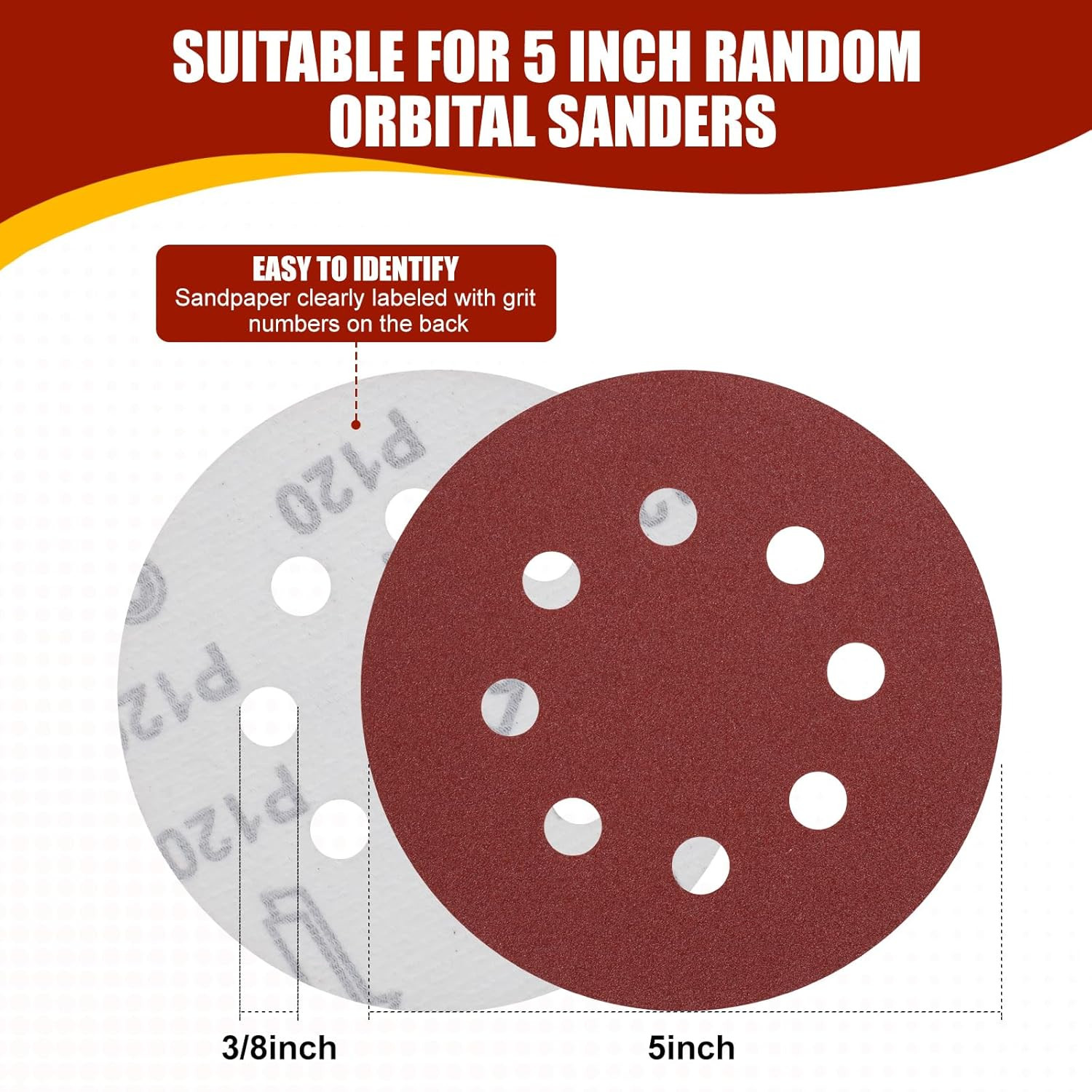 70Pcs 5 Inch 8-Hole Hook and Loop Sanding Discs 9 Mixed Grits Round Sandpaper