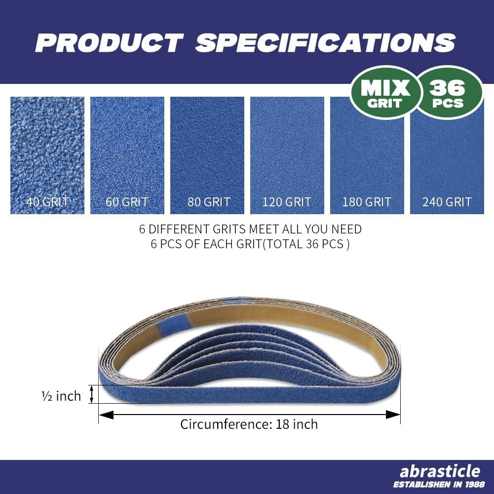 1/2″ X 18″ Zirconia Sanding Belts for Metal, 1/2 X 18 Inch Zirconia Metal Grindi
