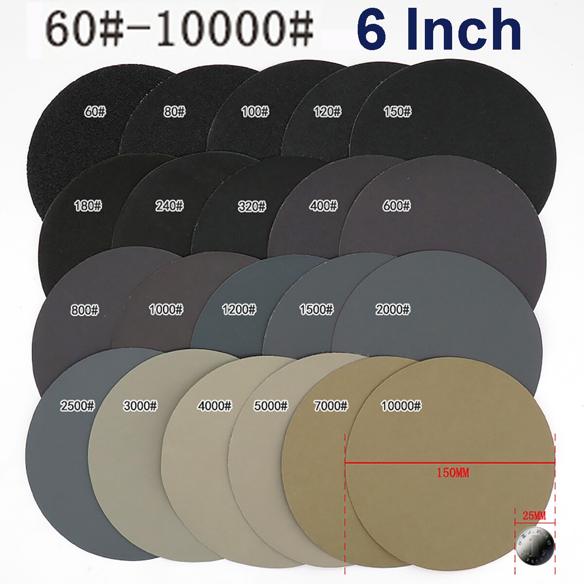 6″ 150mm Wet or Dry Hook & Loop Sanding Discs P60-P10000 Grit Sandpaper DA Pads