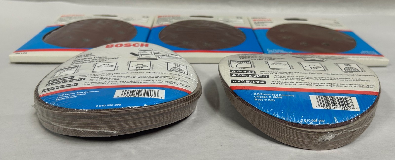 Lot “65” UNUSED Bosch 5″ 8 Hole Hook Loop Sanding Discs 80 120 240 32 Grit (A15)