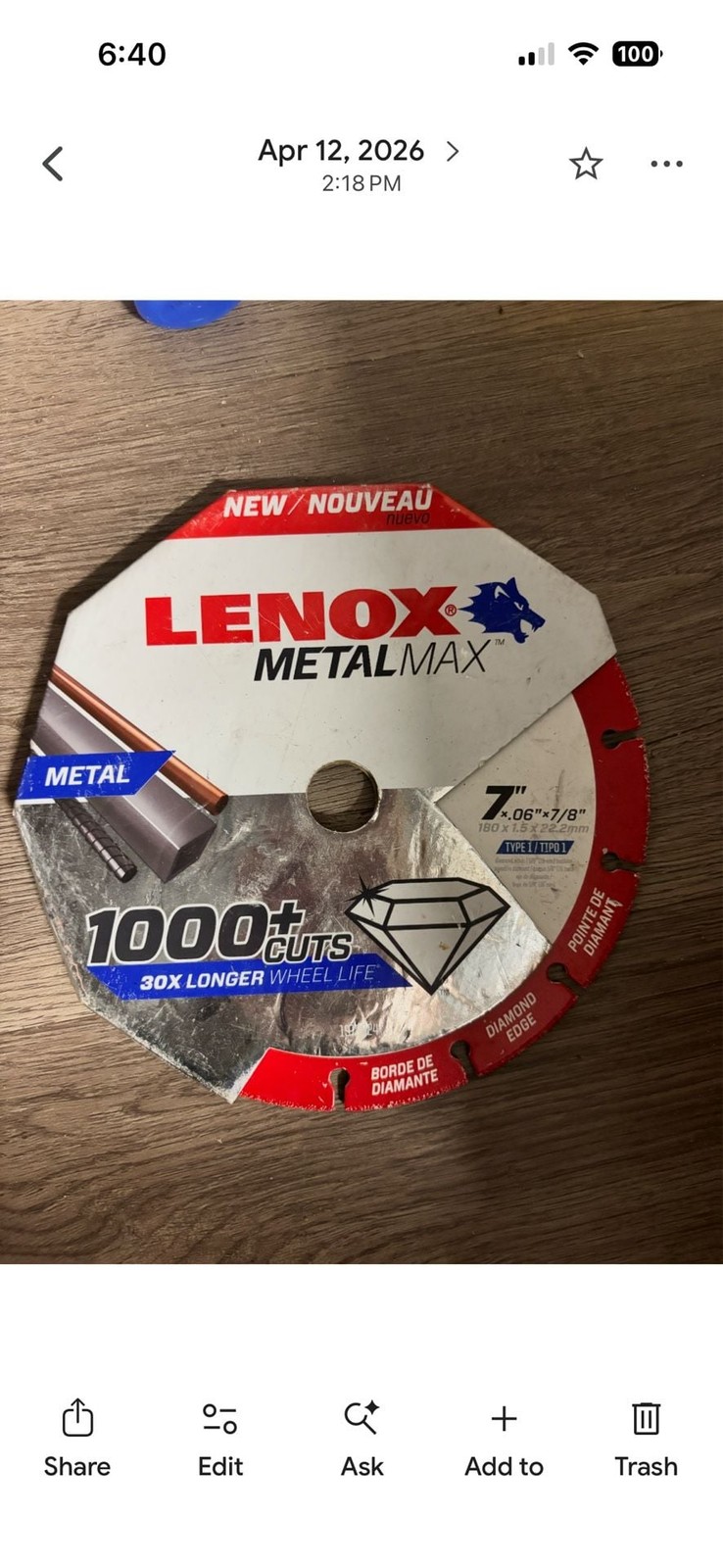 Lenox MetalMax 7-inch Diamond Edge Metal Cutting Wheel