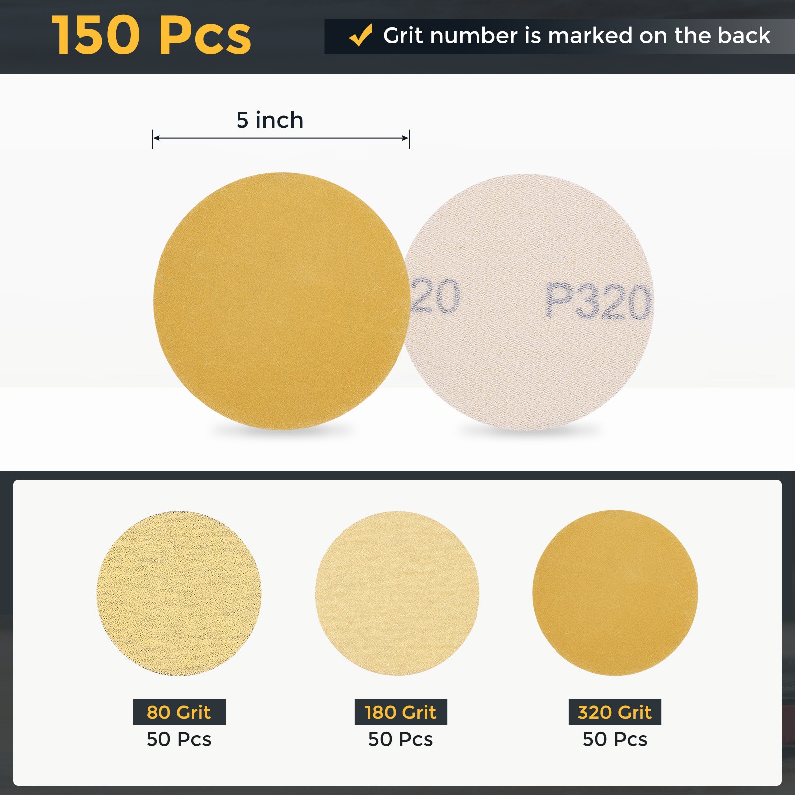 150 Pcs 3 Inch Sanding Disc 80/180/320 Grit Hook and Loop Sandpaper, Gold