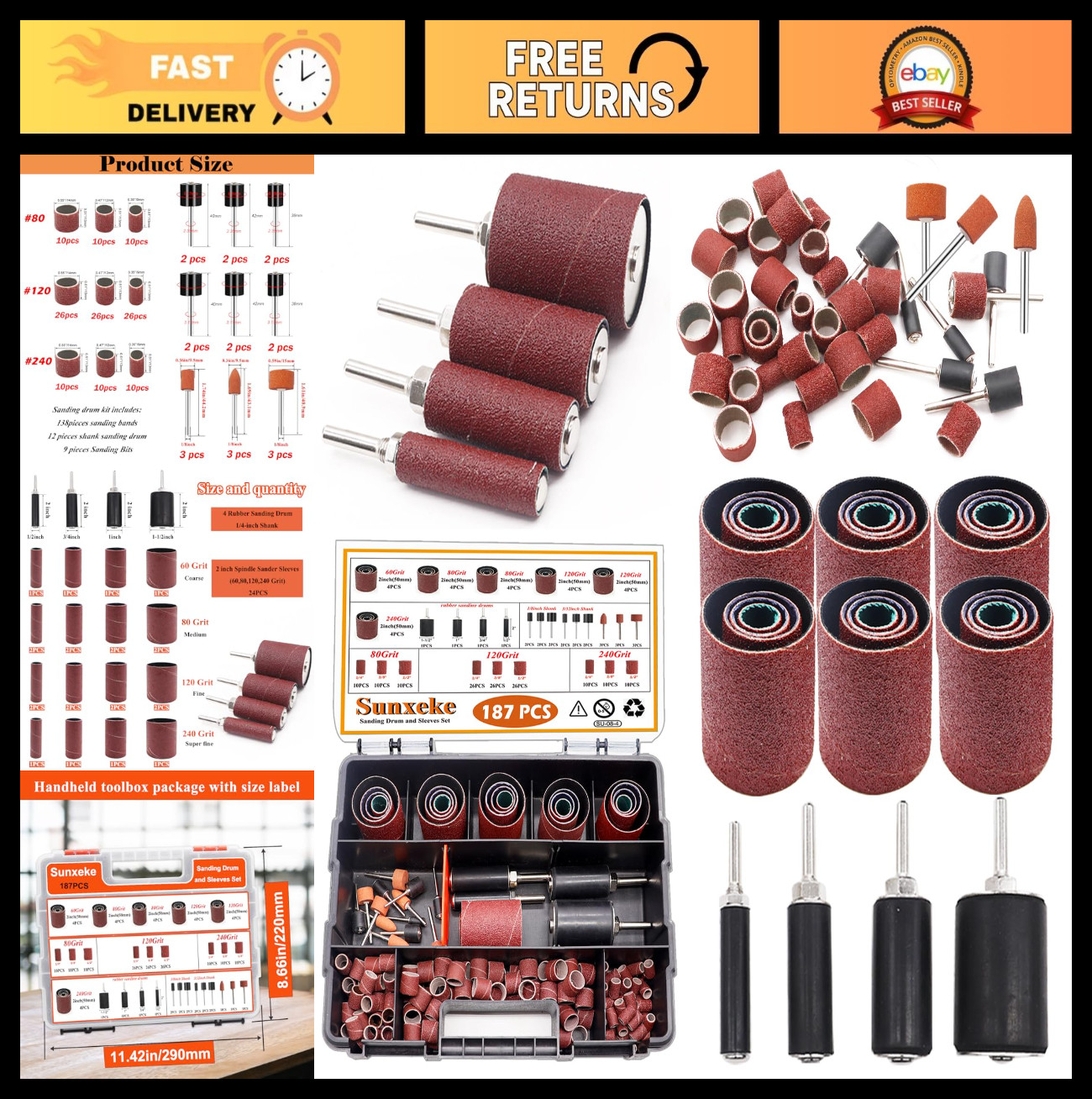 187-Piece Sanding Drum Kit for Drill & Press – 2″ Sleeves, Rubber Drums, 1/4″ Sh