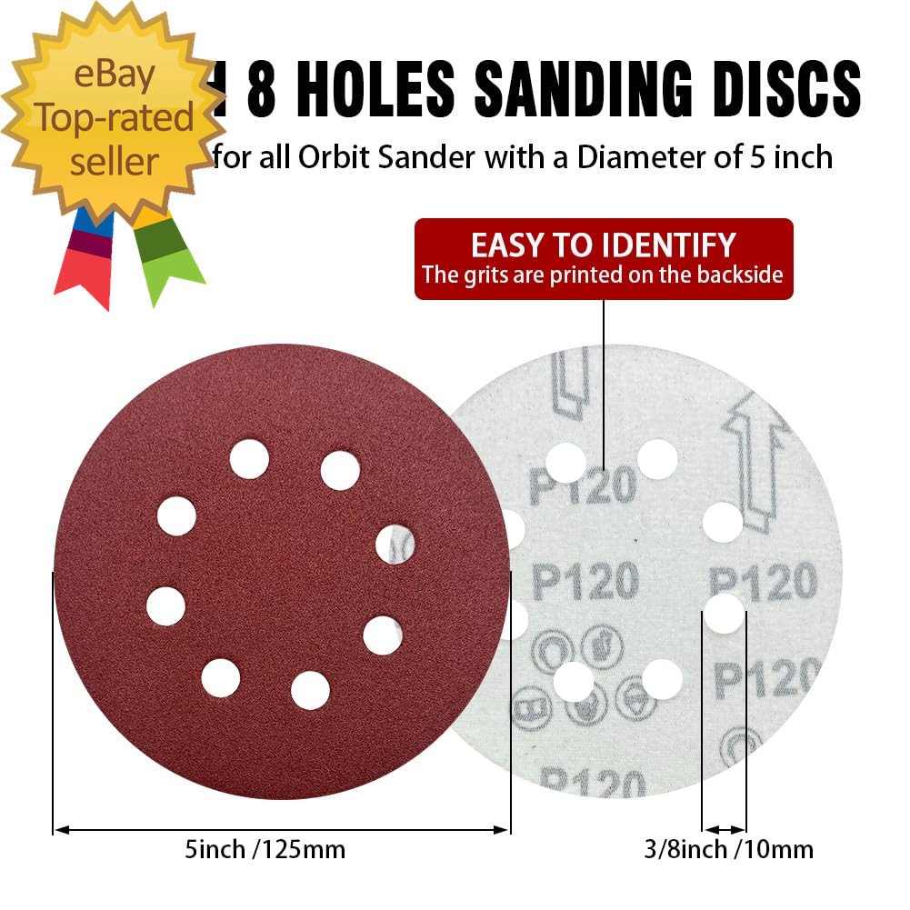 52 Pack 5 Inch 8-Hole Hook and Loop Sanding Discs Sandpaper Red round 60 80