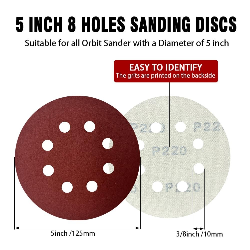 5-Inch Hook and Loop Sanding Discs, 220 Grit, 52 Count – Quick Change Design