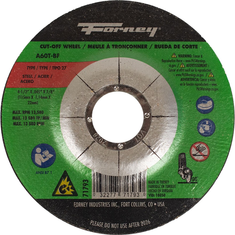 Cut-Off Wheel,Metal,Type 27,4-1/2″x .045″x 7/8″ – 28 Each FOR-71793