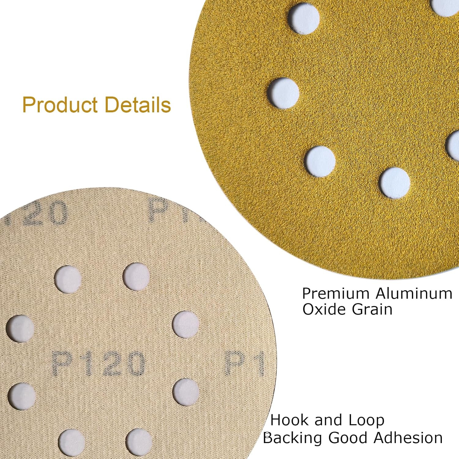 50-Pack,5-Inch 8-Hole Premium Hook and Loop Sanding Discs,120-Grit Random Orbit