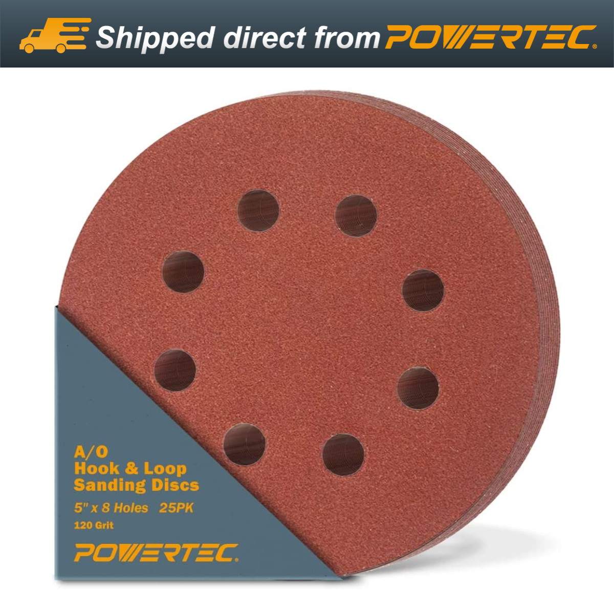 POWERTEC 45012 5 Inch 8 Hole Hook and Loop Sanding Discs, 120 Grit, 25 PK