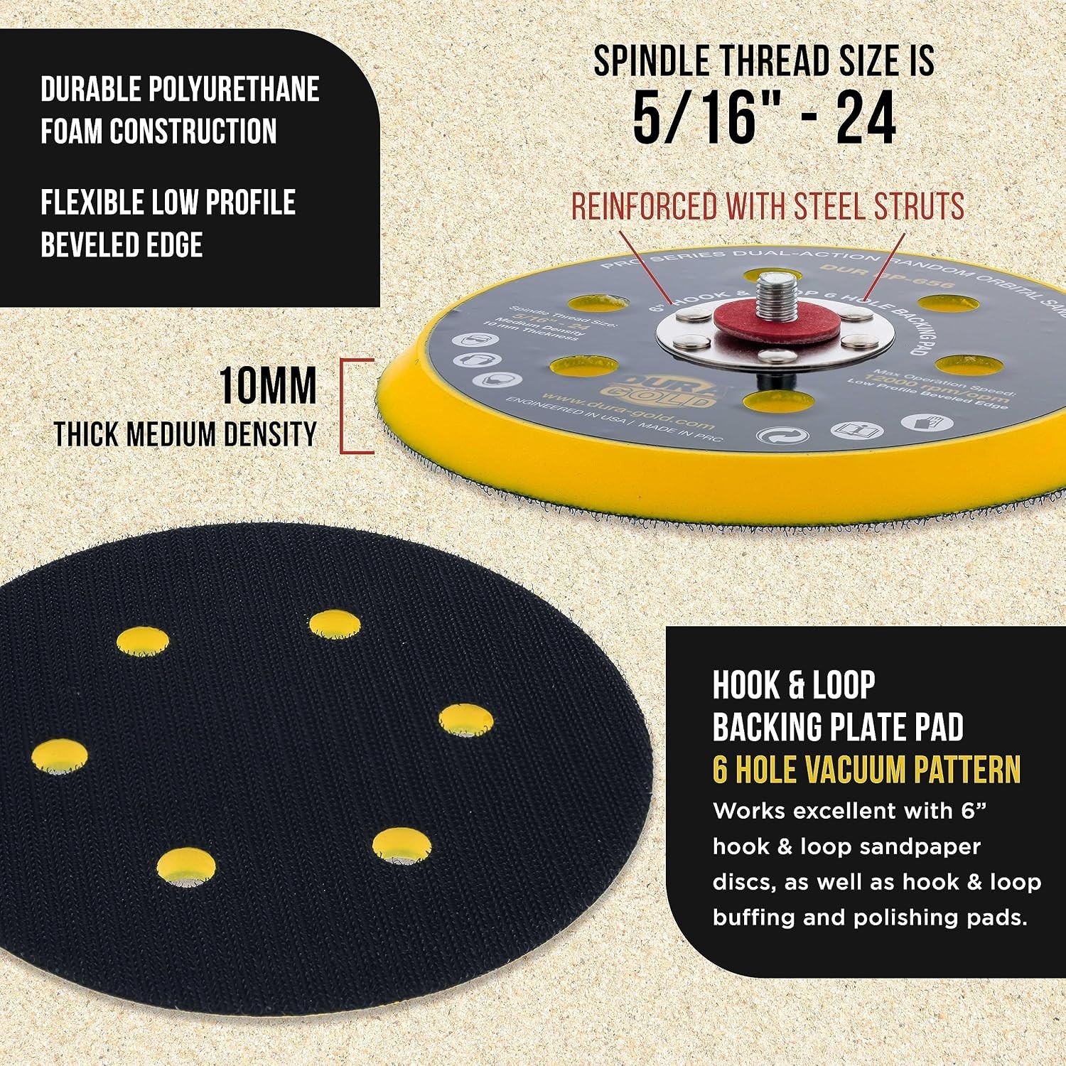 6 Inch Hook Loop Sanding Pad Medium Density Low Profile For DA Sanders